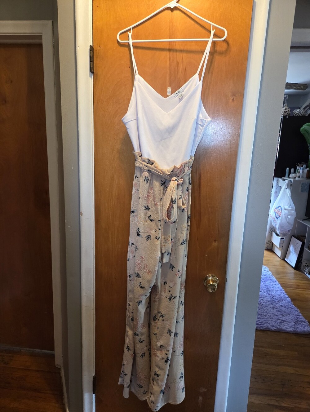 Rue21 White Cami Jumpsuit with Blush Floral Wide-Leg Pants